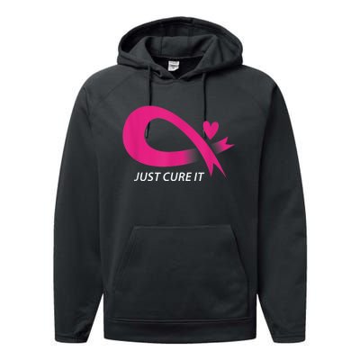 Just Cure It Pink Breast Cancer Awareness Ribbon Tee Performance Fleece Hoodie