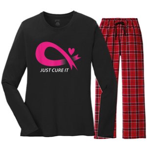 Just Cure It Pink Breast Cancer Awareness Ribbon Tee Women's Long Sleeve Flannel Pajama Set 