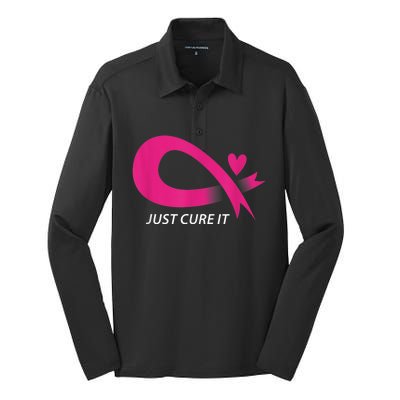 Just Cure It Pink Breast Cancer Awareness Ribbon Tee Silk Touch Performance Long Sleeve Polo