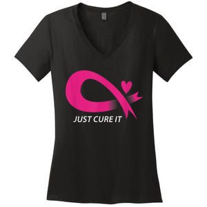 Just Cure It Pink Breast Cancer Awareness Ribbon Tee Women's V-Neck T-Shirt