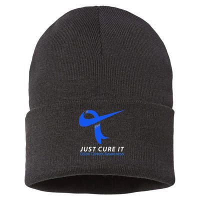 Just Cure It Blue Ribbon Warrior Colon Cancer Awareness Sustainable Knit Beanie