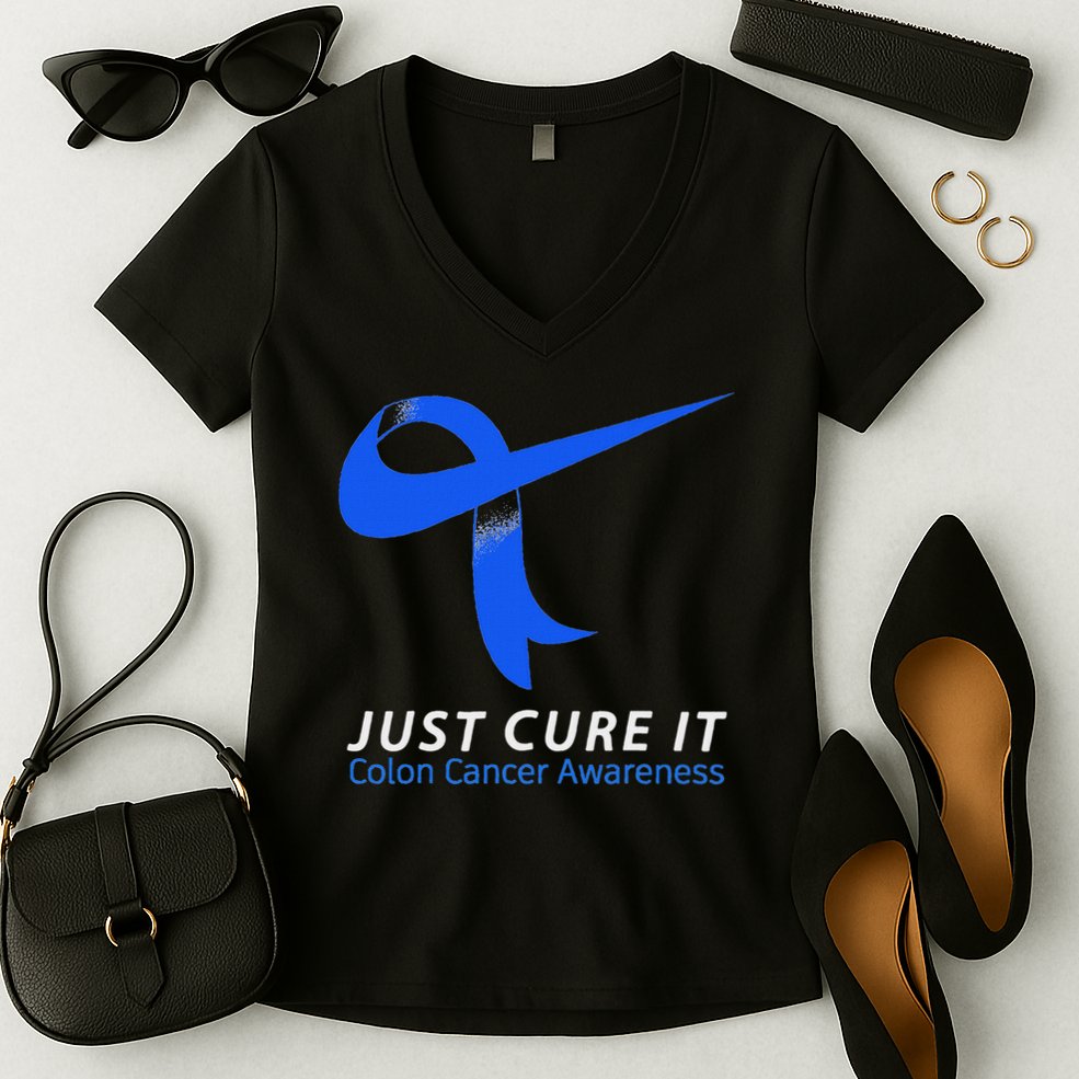 Just Cure It Blue Ribbon Warrior Colon Cancer Awareness Women's V-Neck T-Shirt