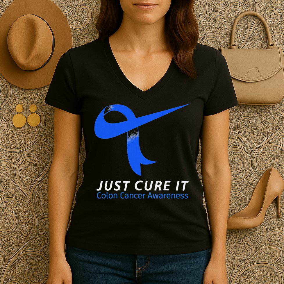 Just Cure It Blue Ribbon Warrior Colon Cancer Awareness Women's V-Neck T-Shirt