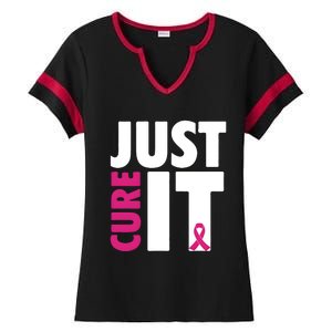 Just Cure It Breast Cancer Awareness Pink Ribbon Ladies Halftime Notch Neck Tee