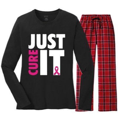 Just Cure It Breast Cancer Awareness Pink Ribbon Women's Long Sleeve Flannel Pajama Set 