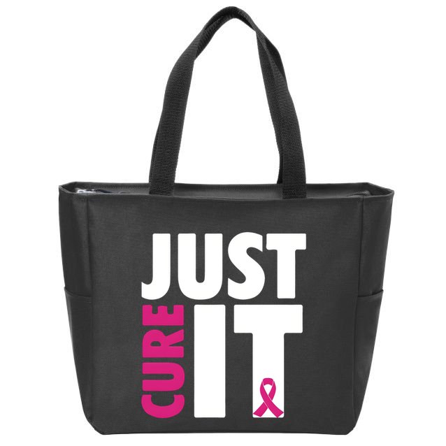 Just Cure It Breast Cancer Awareness Pink Ribbon Zip Tote Bag