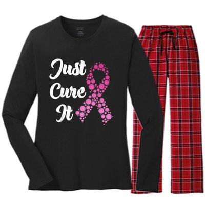 Just Cure It Breast Cancer Awareness Pink Ribbon Women's Long Sleeve Flannel Pajama Set 