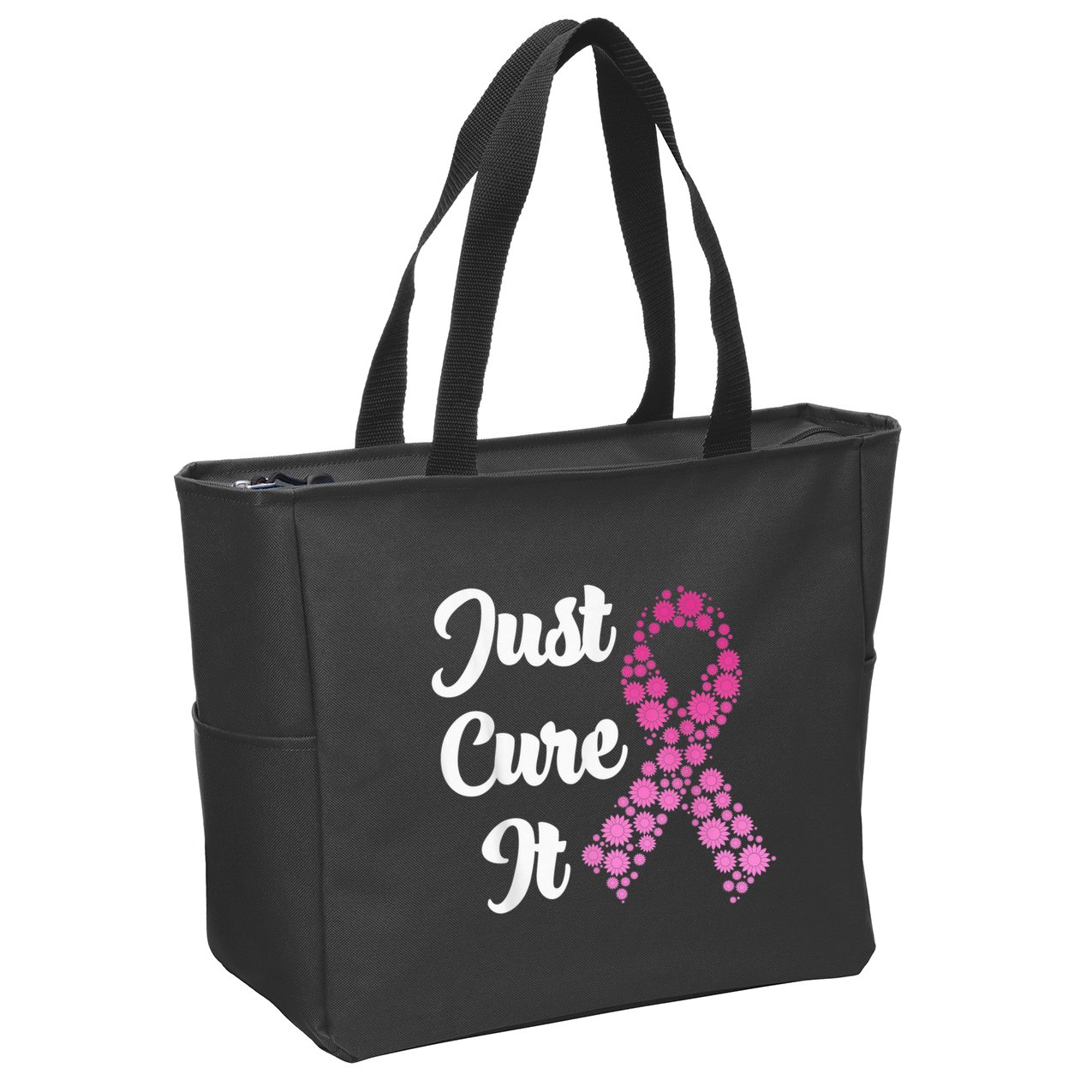 Just Cure It Breast Cancer Awareness Pink Ribbon Zip Tote Bag