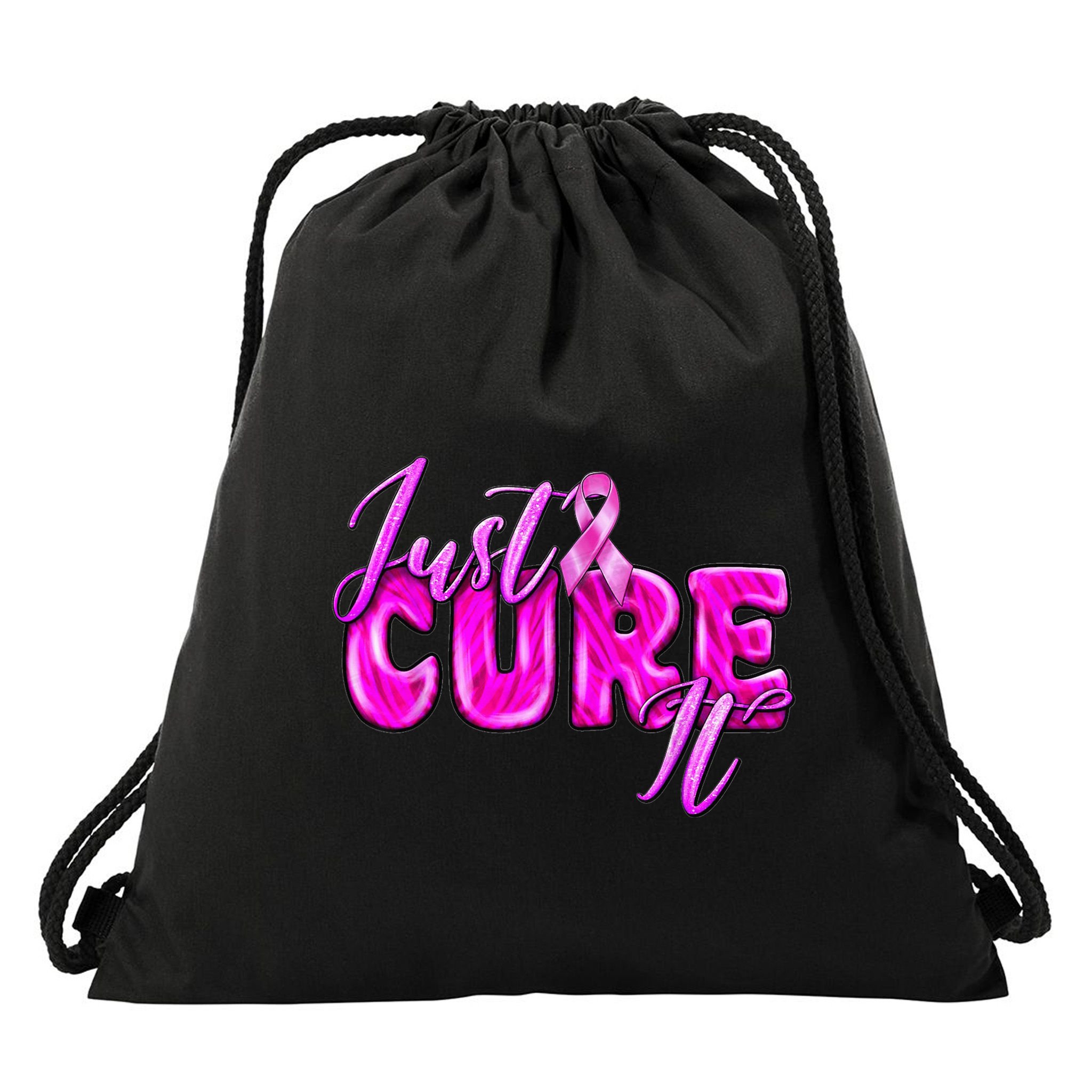 Just Cure It Pink Ribbon Breast Cancer Awareness Warrior Drawstring Bag