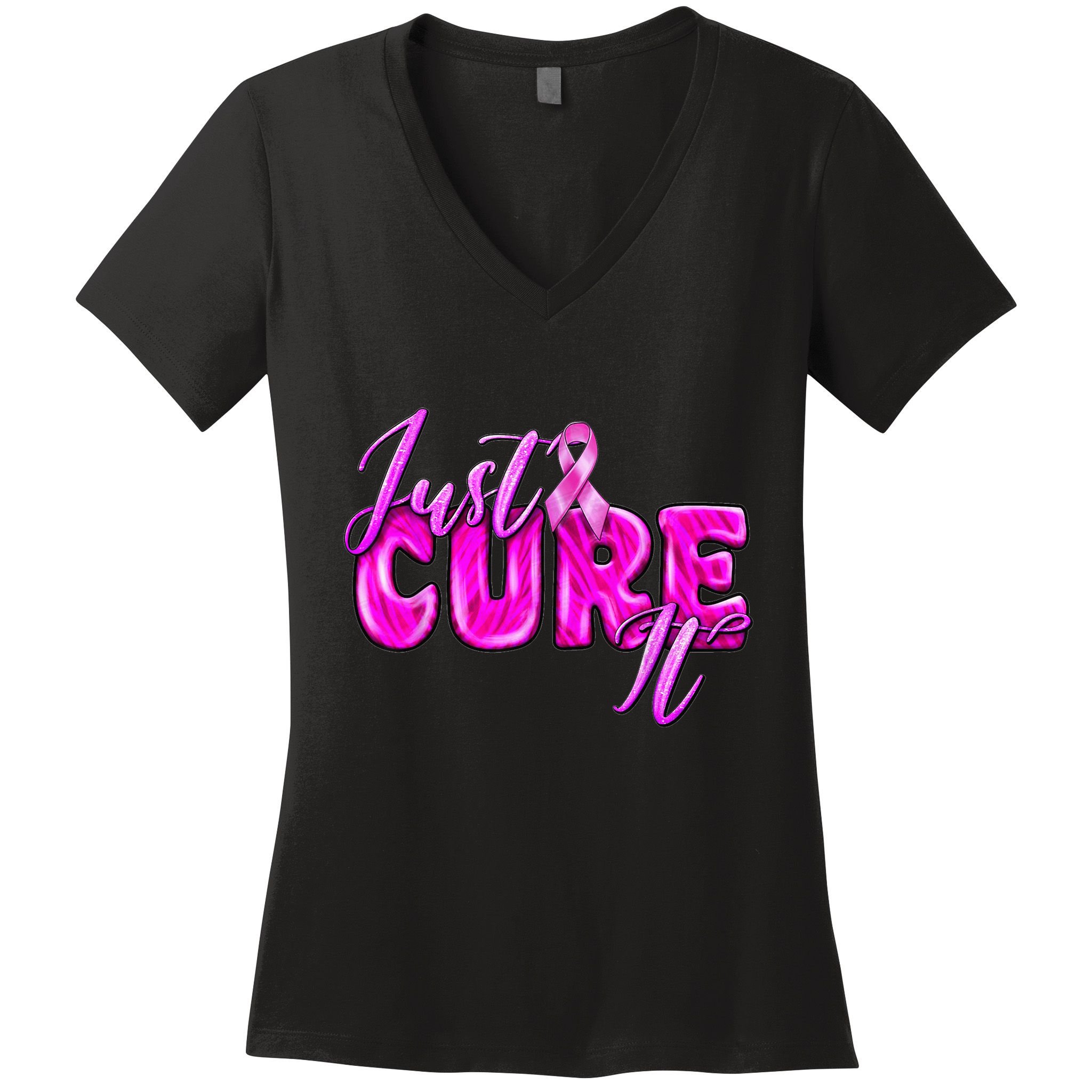 Just Cure It Pink Ribbon Breast Cancer Awareness Warrior Women's V-Neck T-Shirt