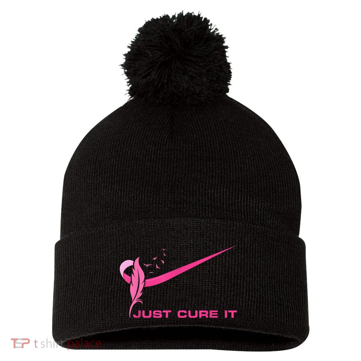 Just Cure It - Breast Cancer Awareness Pink Ribbon Pom Pom 12in Knit Beanie