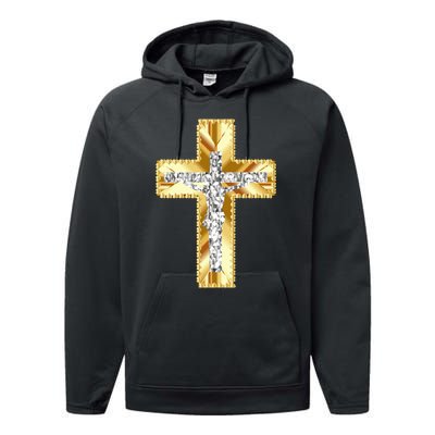 Jesus Christ Jesus Diamond Gold Cross Jesus Performance Fleece Hoodie