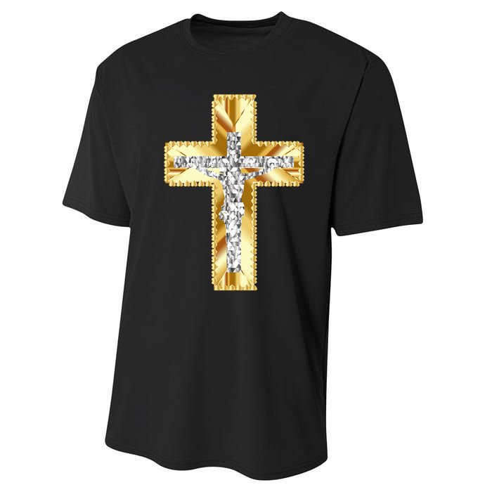 Jesus Christ Jesus Diamond Gold Cross Jesus Performance Sprint T-Shirt