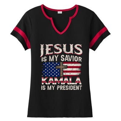 Jesus Christ Kamala Harris 2024 For President Christian Ladies Halftime Notch Neck Tee