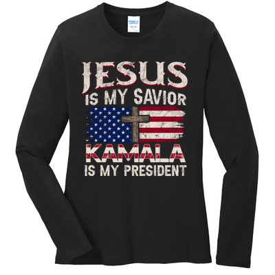 Jesus Christ Kamala Harris 2024 For President Christian Ladies Long Sleeve Shirt