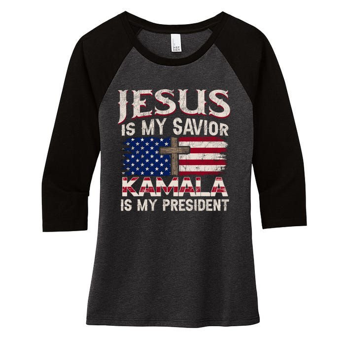 Jesus Christ Kamala Harris 2024 For President Christian Women's Tri-Blend 3/4-Sleeve Raglan Shirt