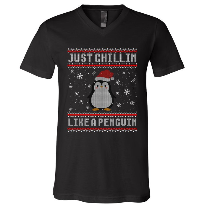 Just Chillin Like A Penguin Ugly Christmas Sweater V-Neck T-Shirt