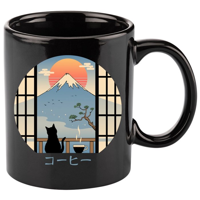 Japanese Cat Mountain Sunset 11oz C Handle Ceramic Mug