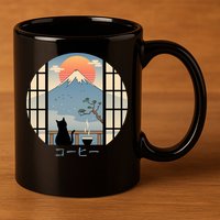 Japanese Cat Mountain Sunset 11oz C Handle Ceramic Mug