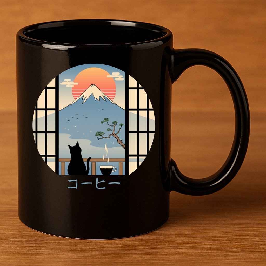 Japanese Cat Mountain Sunset 11oz C Handle Ceramic Mug