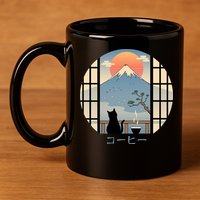 Japanese Cat Mountain Sunset 11oz C Handle Ceramic Mug