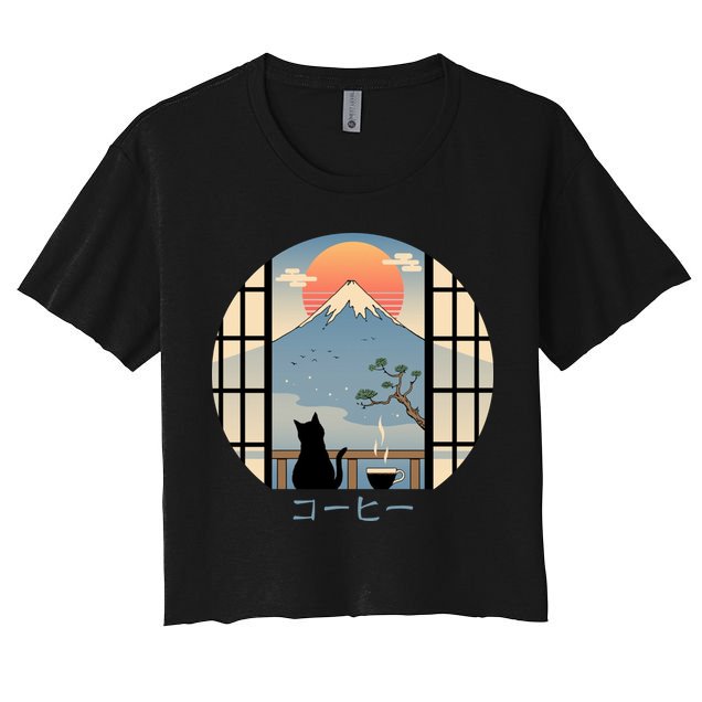 Japanese Cat Mountain Sunset Crop Top