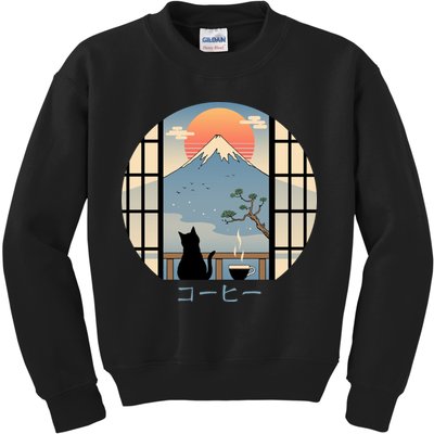 Japanese Cat Mountain Sunset Kids Sweatshirt