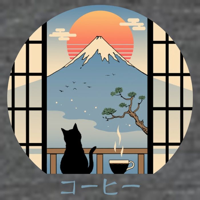Japanese Cat Mountain Sunset 7 Panel Mesh Trucker Snapback Hat