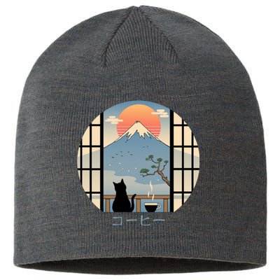 Japanese Cat Mountain Sunset Sustainable Beanie