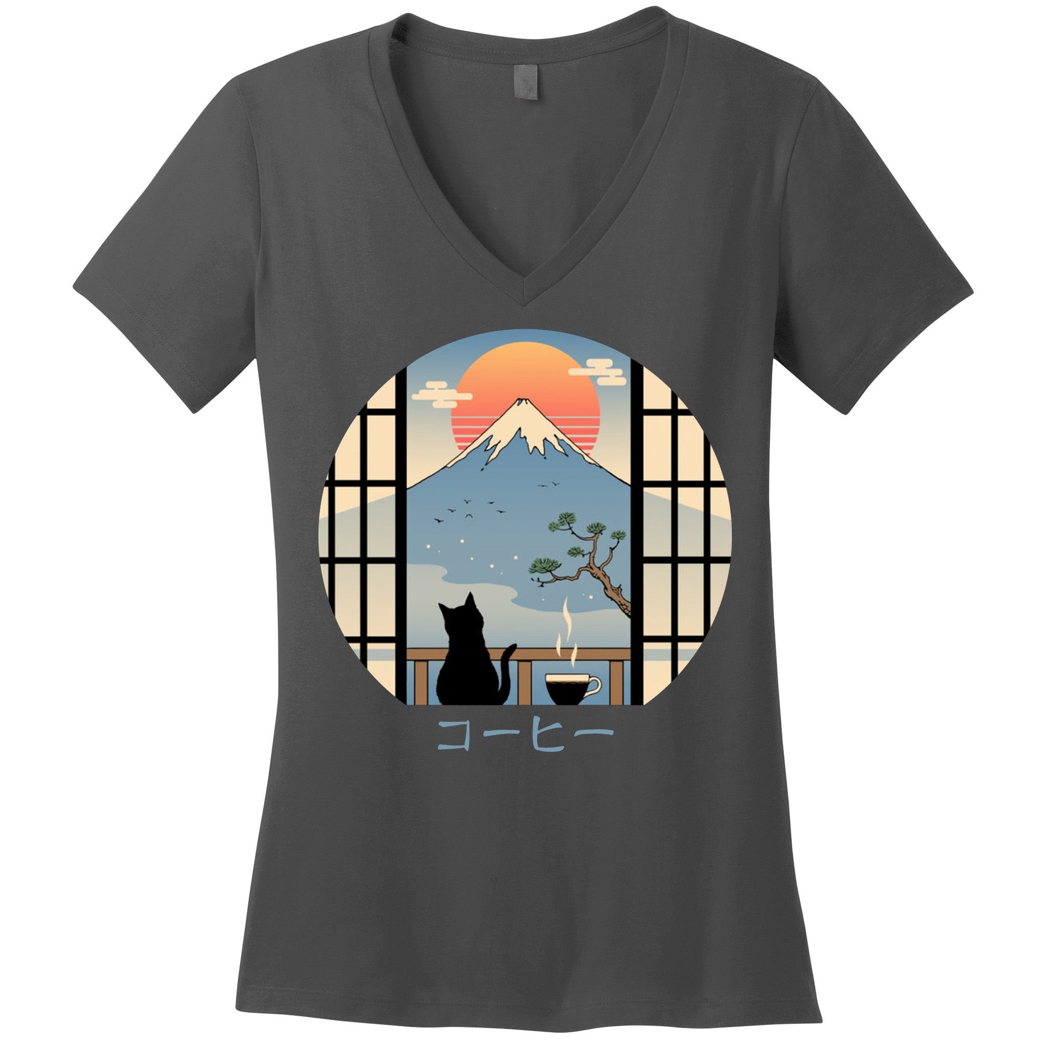 Japanese Cat Mountain Sunset Women's V-Neck T-Shirt