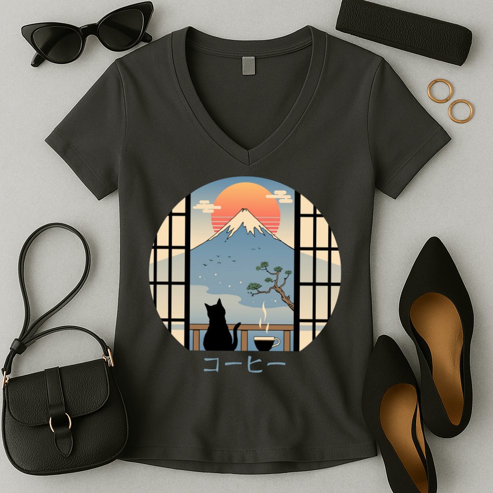 Japanese Cat Mountain Sunset Women's V-Neck T-Shirt