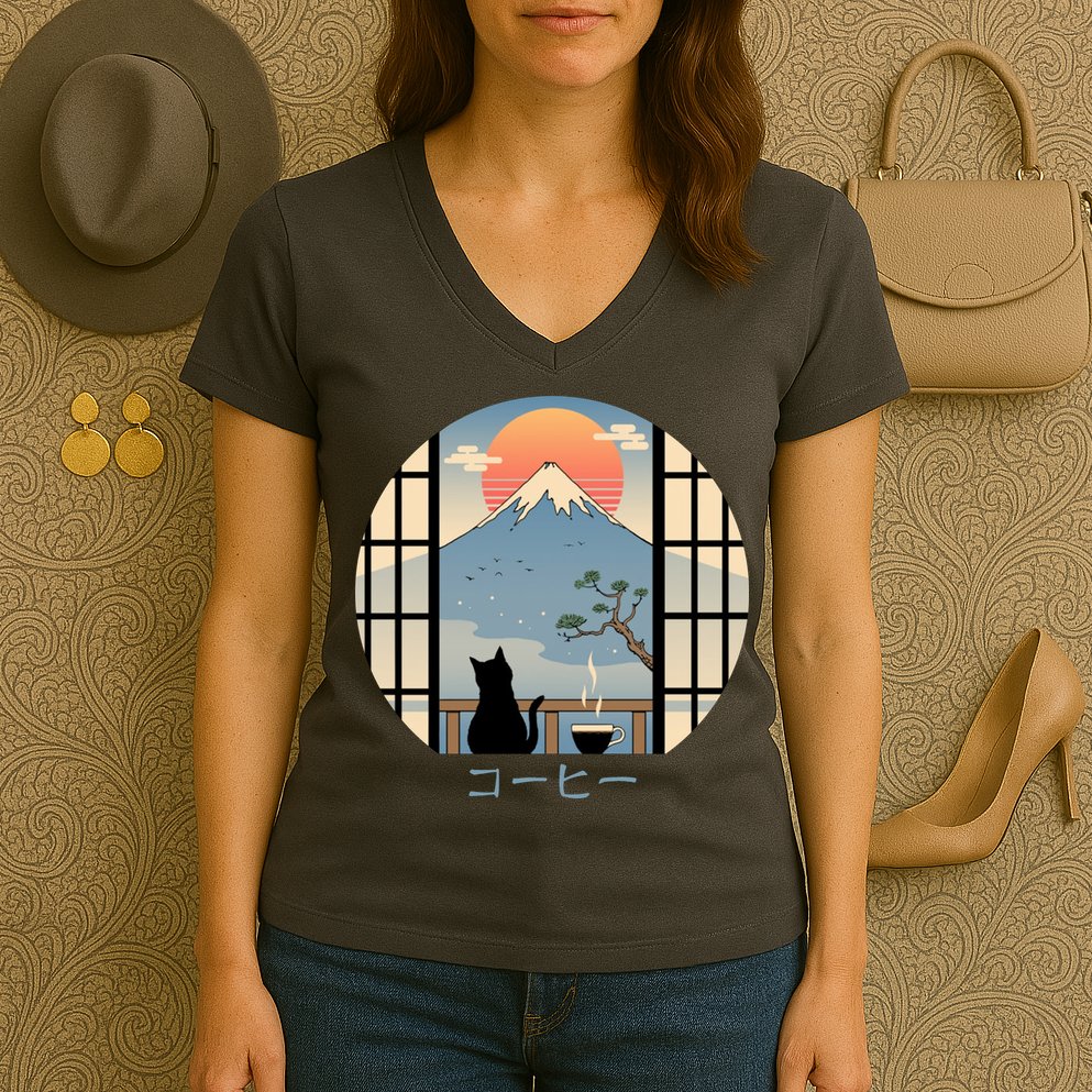 Japanese Cat Mountain Sunset Women's V-Neck T-Shirt