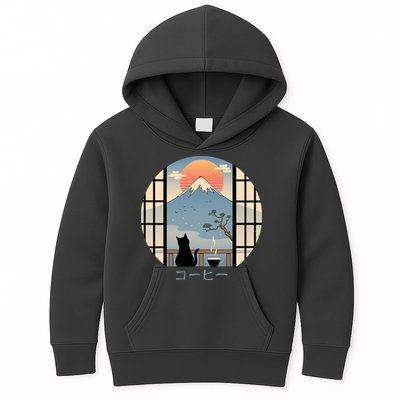 Japanese Cat Mountain Sunset Kids Hoodie