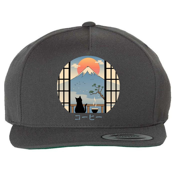 Japanese Cat Mountain Sunset Wool Snapback Cap