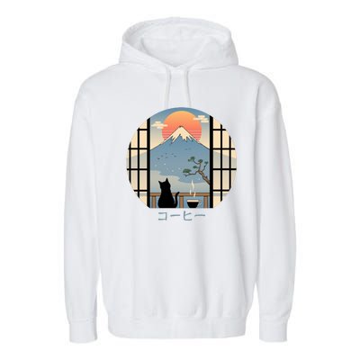 Japanese Cat Mountain Sunset Garment-Dyed Fleece Hoodie