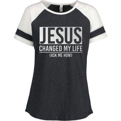 Jesus Changed My Life Ask Me How Jesus Enza Ladies Jersey Colorblock Tee