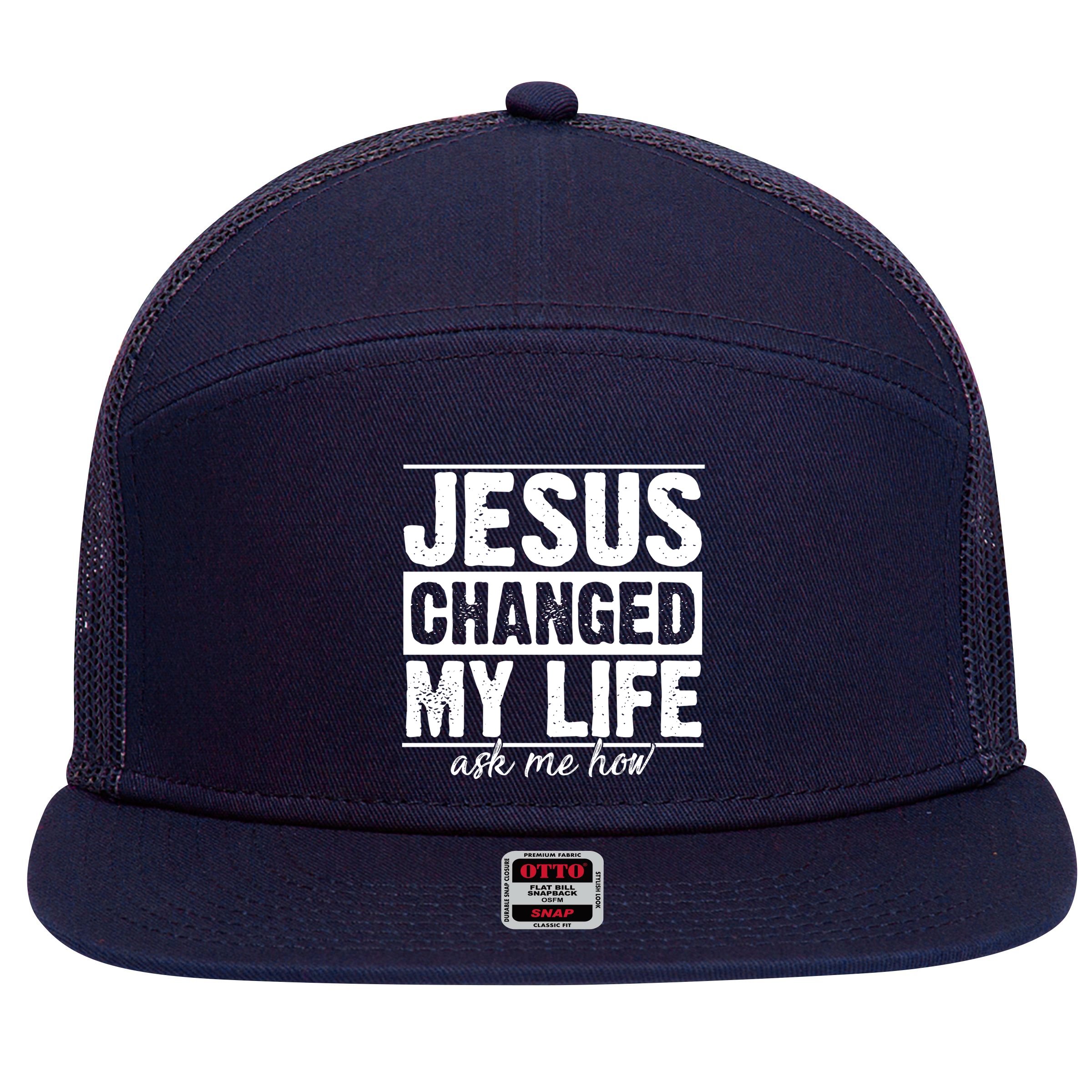 Jesus Changed My Life Ask Me How 7 Panel Mesh Trucker Snapback Hat