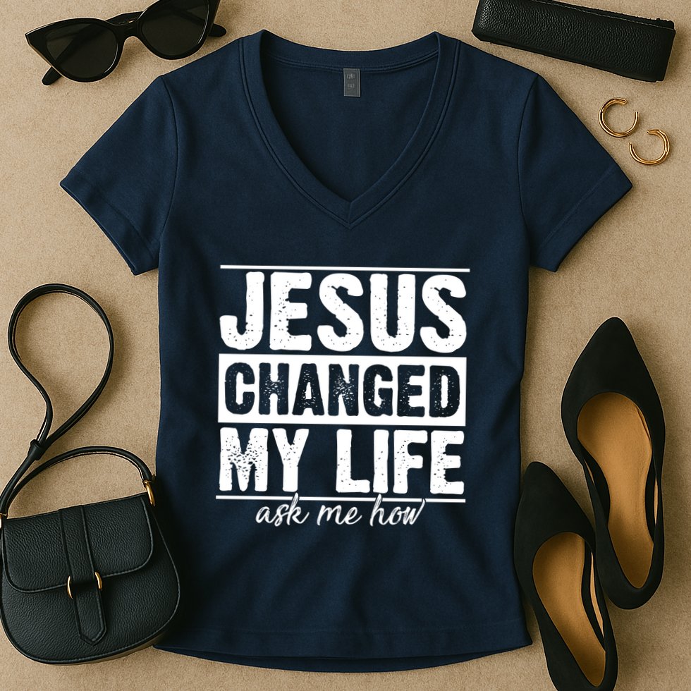 Jesus Changed My Life Ask Me How Women's V-Neck T-Shirt