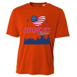 Jefferson City Missouri Skyline American Flag Heart Gift Cooling Performance Crew T-Shirt