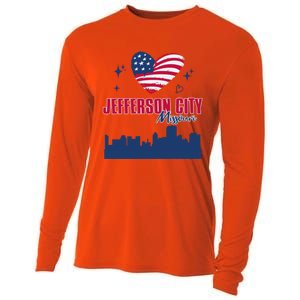 Jefferson City Missouri Skyline American Flag Heart Gift Cooling Performance Long Sleeve Crew