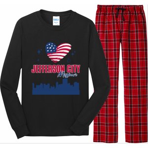 Jefferson City Missouri Skyline American Flag Heart Gift Long Sleeve Pajama Set