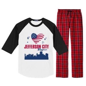 Jefferson City Missouri Skyline American Flag Heart Gift Raglan Sleeve Pajama Set