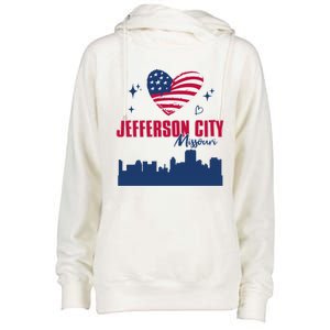 Jefferson City Missouri Skyline American Flag Heart Gift Womens Funnel Neck Pullover Hood