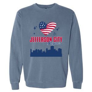 Jefferson City Missouri Skyline American Flag Heart Gift Garment-Dyed Sweatshirt