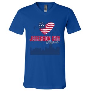 Jefferson City Missouri Skyline American Flag Heart Gift V-Neck T-Shirt