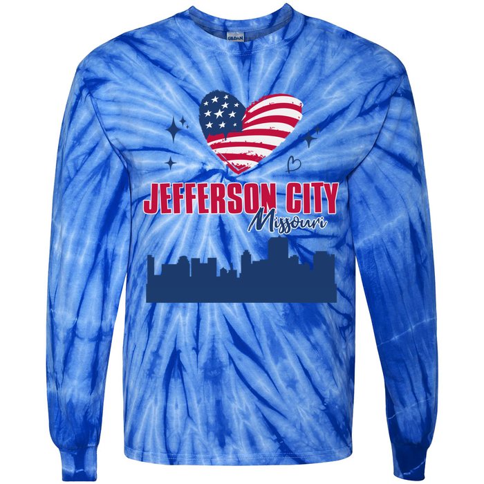 Jefferson City Missouri Skyline American Flag Heart Gift Tie-Dye Long Sleeve Shirt