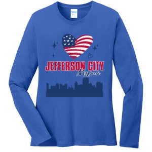 Jefferson City Missouri Skyline American Flag Heart Gift Ladies Long Sleeve Shirt