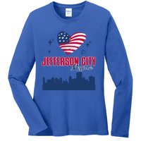 Jefferson City Missouri Skyline American Flag Heart Gift Ladies Long Sleeve Shirt