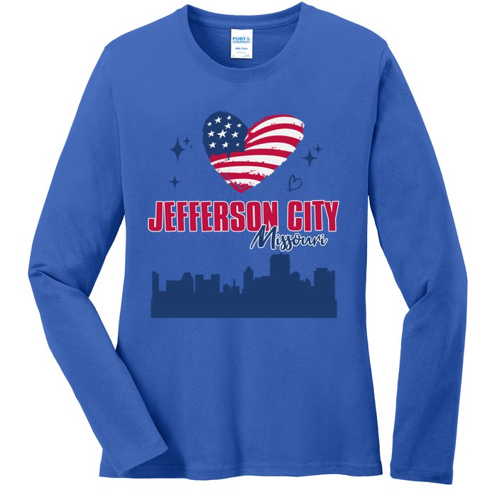 Jefferson City Missouri Skyline American Flag Heart Gift Ladies Long Sleeve Shirt