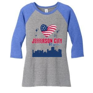 Jefferson City Missouri Skyline American Flag Heart Gift Women's Tri-Blend 3/4-Sleeve Raglan Shirt